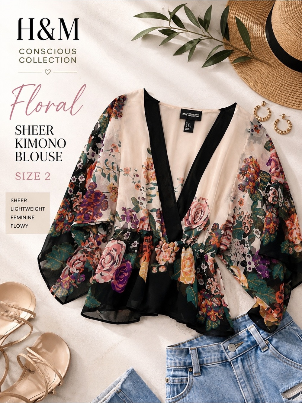 H&M Conscious Floral Sheer Kimono Blouse Peplum Top Size 2